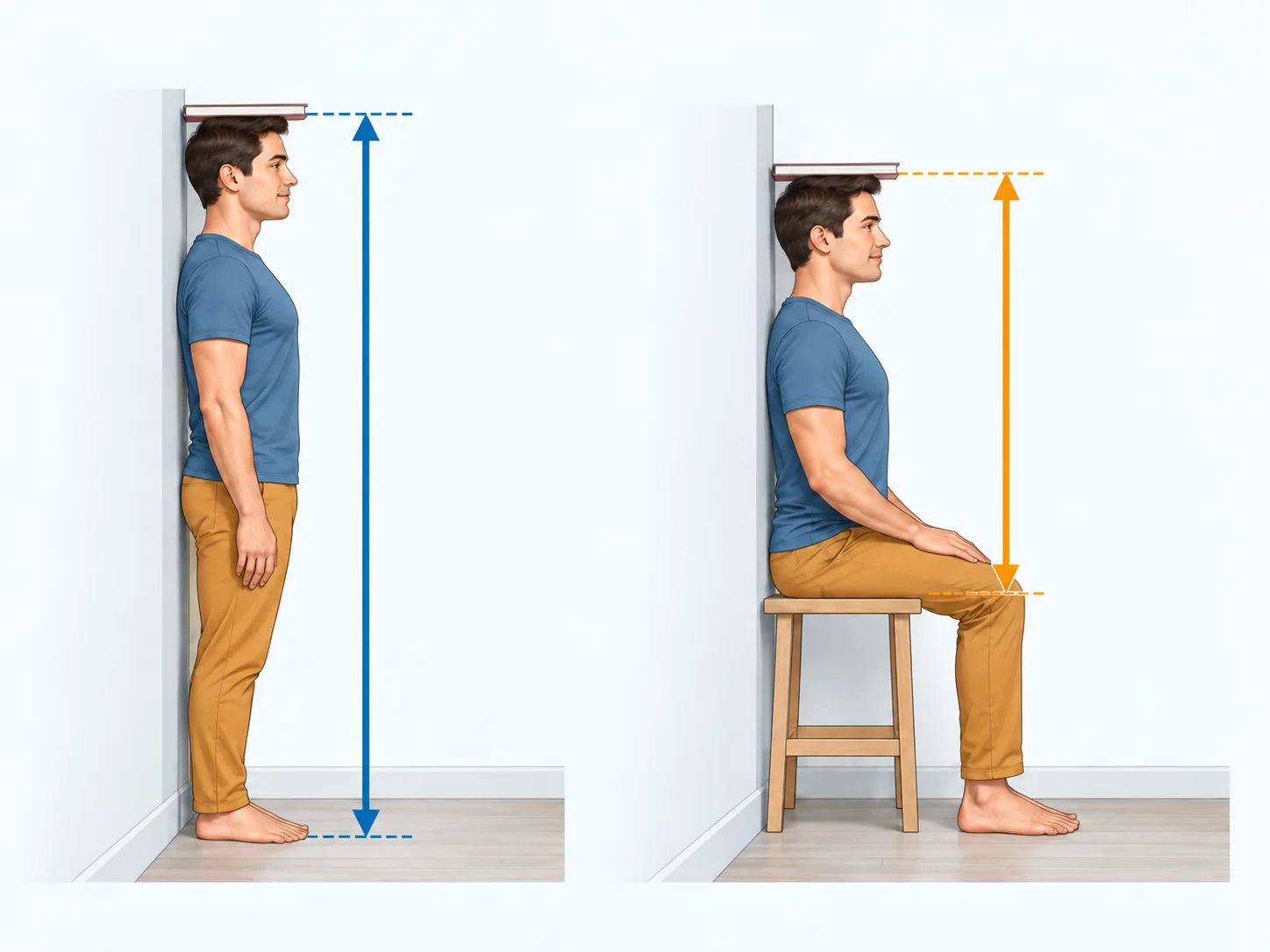 How to measure standing height from the floor to the top of the head, and sitting height from a firm seat to the top of the head.