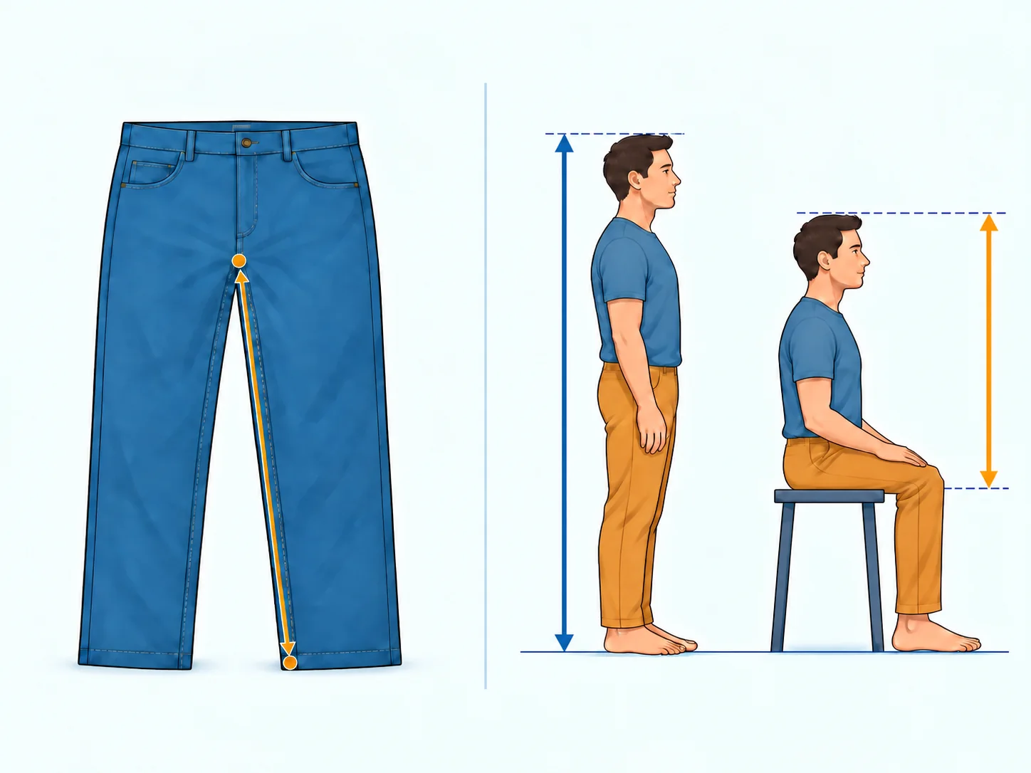 Garment inseam measured along the inner trouser seam compared with leg length derived from standing and sitting height.
