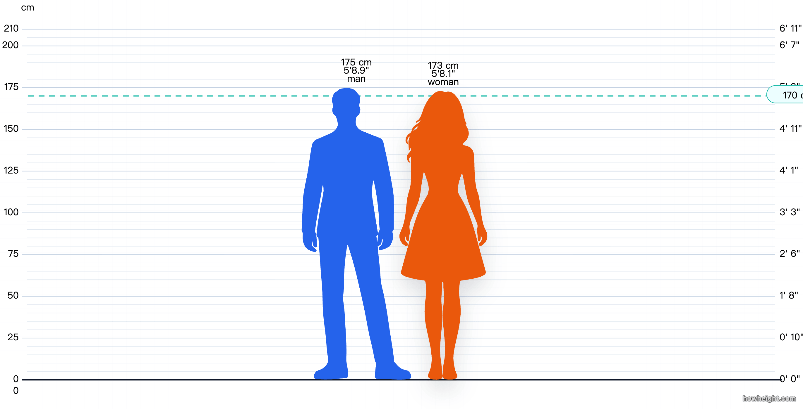 Visual height comparison chart showing a couple with a nearly equal 2 cm height difference.